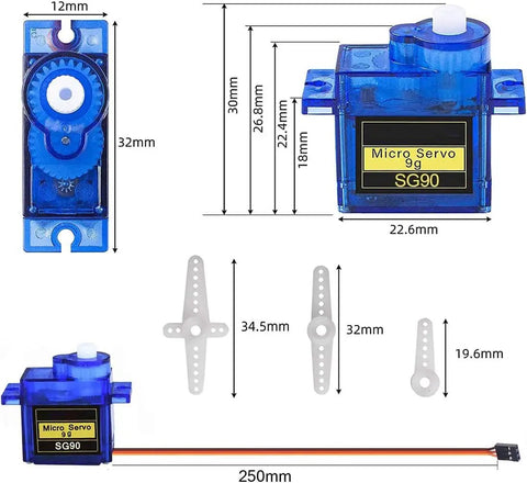 SG90 Micro Servo Motors Pack 10 For Arduino RC Projects And Tiny Robots dimensions and components overview with blue casing