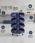 Double-Sided PP Plastic Bin Organizer for small parts with louvered panels in workshop, dual access, six storage bins visible