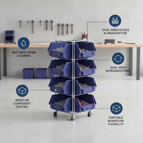 Double-Sided PP Plastic Bin Organizer for small parts with louvered panels in workshop, dual access, six storage bins visible