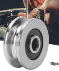Rock Solid Steel V Groove Ball Bearings 10 Pack V1804 Track Rollers for guide rails shown with tool background.