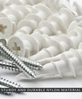 100 Pcs Plastic Self Drilling Drywall Anchors And Tapping Screws Kit For Gypsum Board Hollow Wall Anchors 15x33mm Nylon Ribbed Anchors With Screws For Easy Install And Strong Holds. White nylon drywall anchors with screws, close-up
