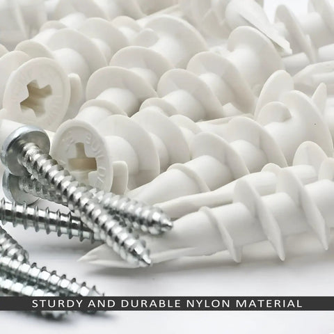 100 Pcs Plastic Self Drilling Drywall Anchors And Tapping Screws Kit For Gypsum Board Hollow Wall Anchors 15x33mm Nylon Ribbed Anchors With Screws For Easy Install And Strong Holds. White nylon drywall anchors with screws, close-up