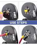 Step-by-step guide using Ferrule Crimping Tool for AWG 30 to 5 wire ends with self-adjusting ratchet and hexagonal crimp surface.