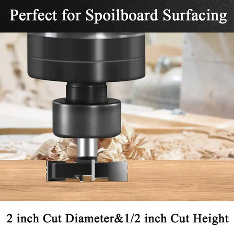 Pro Grade Carbide Tipped CNC Spoilboard Surfacing Router Bit With One Half Inch Shank installed for slab flattening