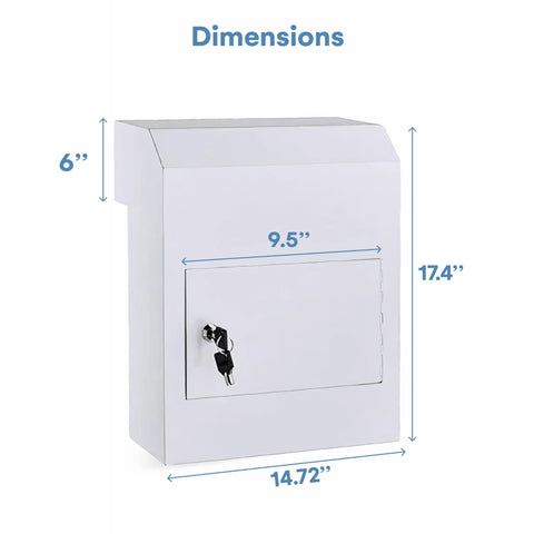 Through The Door Locking Key Drop Box dimensions showing 14.72x17.4x6 inches with tubular lock visible