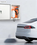 Built Like A Tank Wall Mounted EV Charger Armor Box With Combo Lock Cable Management Tray For Garage Outdoor Install Weather Resistant Cover To Keep Your Rig Safe From Storms, shown mounted beside electric vehicle.