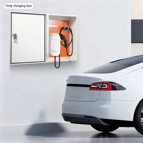 Built Like A Tank Wall Mounted EV Charger Armor Box With Combo Lock Cable Management Tray For Garage Outdoor Install Weather Resistant Cover To Keep Your Rig Safe From Storms, shown mounted beside electric vehicle.