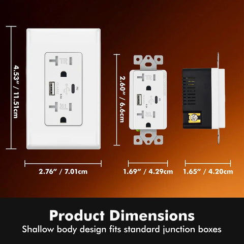 No-Nonsense Heavy-Lifting 65W GaN PD Fast Charging USB Wall Outlet With Dual Type C And Type A Ports dimensions with size details shown.