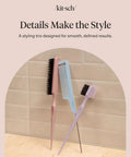 Detail And Define Hair Styling Kit With Pintail Comb Edge Brush And Teasing Tool, pastel handles, shown against tiled wall.