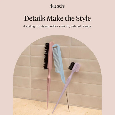 Detail And Define Hair Styling Kit With Pintail Comb Edge Brush And Teasing Tool, pastel handles, shown against tiled wall.