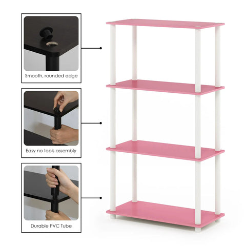 Turn-N-Tube 4-Tier Corner Storage Shelves With Toolless Open Design, Space-Saving Book Organizer For Living Room, Bedroom, Entryway, Hallway, And Laundry, Easy Assembly Without Tools, Soft Pink Finish, Wide Shelves For Books Decor And Baskets. 4-tier pink PVC shelf