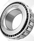 Close-up of L44643/L44610 trailer bearing kit for 2000 lb axle with 1.98 in grease cap, seals and cotter pins