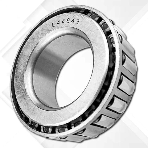 Close-up of L44643/L44610 trailer bearing kit for 2000 lb axle with 1.98 in grease cap, seals and cotter pins
