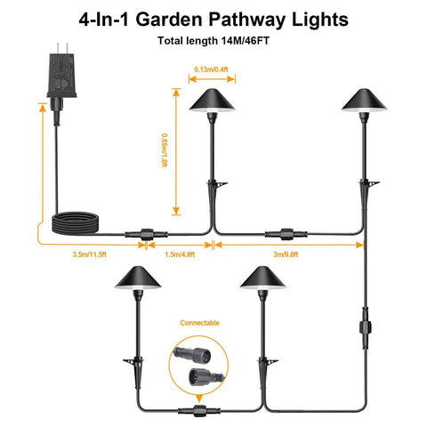 Diagram of Low Voltage Pathway Lights With Timer Set Of 4, Auto On Off 4 Hour 6 Hour 8 Hour, 3000K warm white LED design