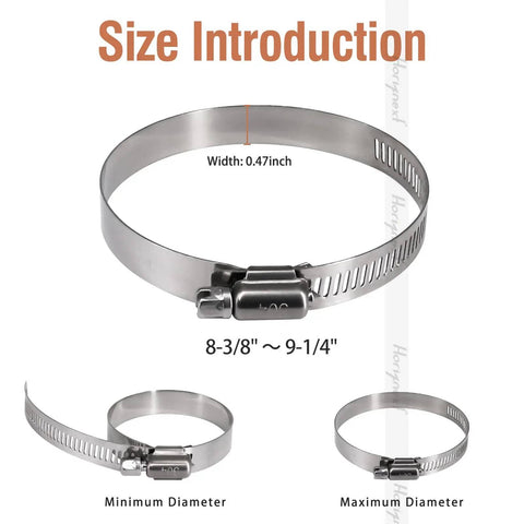 9 Inch Stainless Steel Hose Clamps Set Adjustable Metal Worm Gear Clamp Kit for Water Pipes, shown in different sizes.