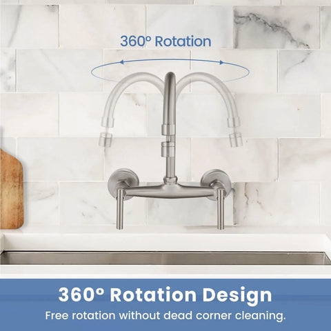 Workhorse Wall Mount Kitchen Faucet With 8 Inch Centers, Double Handles, 360 Degree Swivel Spout, Brushed Nickel, Commercial Grade