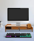 Transform Your Workspace With These Solid Wood Monitor Risers Featuring A Lockable Storage Drawer With Secure Laptop Stand Built Like Iron. Wooden monitor riser with drawer, computer standing, and keyboard.