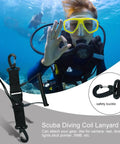 Scuba Diving Lanyard Clips With Quick Release Double Buckle for cameras and lights shown with safety buckle and diver in background