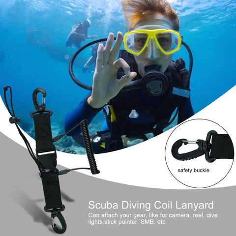 Scuba Diving Lanyard Clips With Quick Release Double Buckle for cameras and lights shown with safety buckle and diver in background