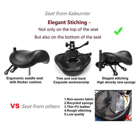 Saddle Stool On Wheels With Backrest Rolling Height Adjustable Ergonomic Saddle Chair showing cushion and stitching differences.