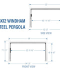 Diagram showing dimensions of Windham 14 Ft By 12 Ft Modern Galvanized Steel Pergola Kit With Shade Sail Canopy All Season Durability PowerPort