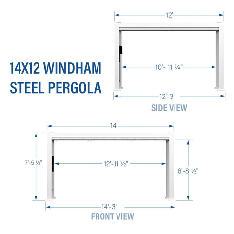 Diagram showing dimensions of Windham 14 Ft By 12 Ft Modern Galvanized Steel Pergola Kit With Shade Sail Canopy All Season Durability PowerPort