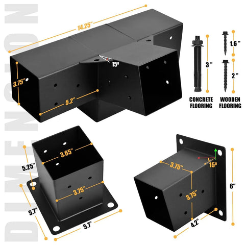 Dimensions of Beefed-Up Pergola Bracket Set for 4x4 Posts, 15 Degree Slanted Roof Wall Mount Extension Kit, Set of 3