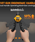 Two Handed Heavy Duty Rivet Gun Kit in use demonstrating ergonomic handles and leverage for metal auto gutters projects.