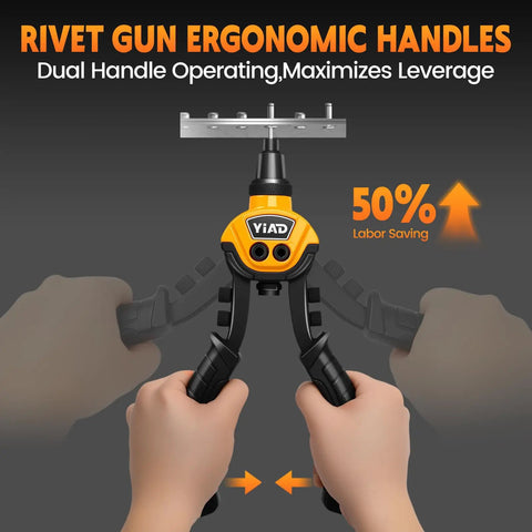 Two Handed Heavy Duty Rivet Gun Kit in use demonstrating ergonomic handles and leverage for metal auto gutters projects.