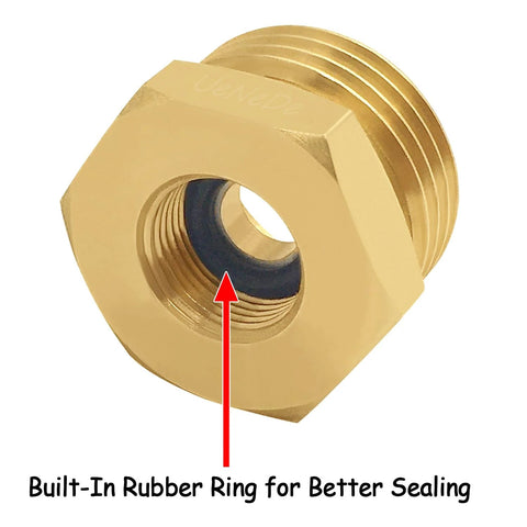 Brass water line adapter with rubber seal; 3/4 GHT male to 3/8 inch compression female reducer (front view)