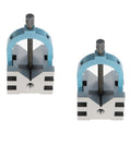 Beefy Four Piece V Block Set With Clamps In Wooden Case For Real World Machining Pro Grade Hardened Steel Two And Three Eighths By Two And Three Quarters By Two Inches HRC Fifty Eight To Sixty, two V blocks with clamps