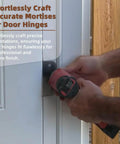 Using upgraded door jamb hinge jig for precise hinge install on door, adjustable guides visible, red finish