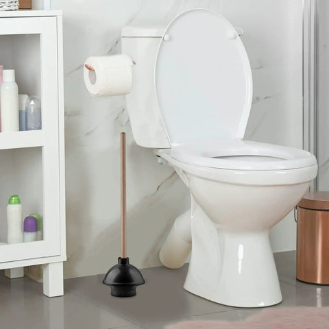 Heavy Duty Rubber Toilet Plunger With Solid Wooden Handle For Bathroom Sink Drains And Tub Clogs standing next to a toilet.