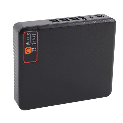 Plug And Play 15600Mah Mini Ups Seamless Battery Backup for routers, compact black ABS unit with status indicators.