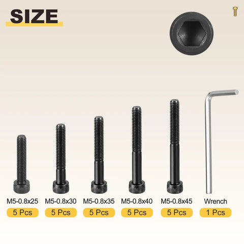 Boss Level 25PC Hex Socket Head Cap Screw Kit With M8 Size 30 35 40 45 50mm Black Steel Fasteners Perfect For Sick DIY Furniture Repair Plumbing Woodworking And Industrial Uses Where You Need Heavy Duty Bolts To Keep Things Down Secure Now, M5 screw sizes and wrench