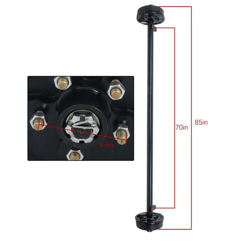 Close-up of Heavy Duty 3500 Lb Trailer Electric Brake Axle With 5 Lug 4.5 Inch Bolt Pattern, 85 Inch Hub Face, installed view.
