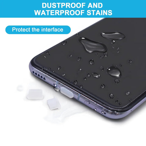 Ultimate 70 Piece USB Dust Cover Kit with Silicone Port Plugs on smartphone demonstrating waterproof protection