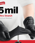 Front view of Supmedic black nitrile exam gloves, 5 mil, powder-free disposable medical gloves.