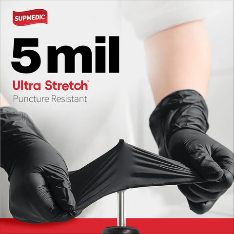 Tough As Nails Black Nitrile Disposable Gloves Hundred Count Five Mil Thick Powder Free Latex Free Safety Gear stretching to show puncture resistance.