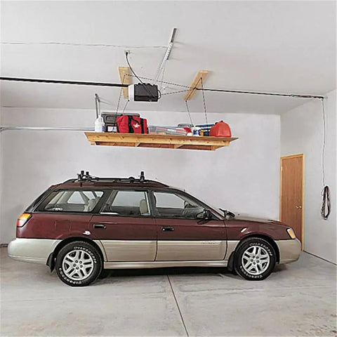 Installed Overhead Garage Hoist System For Lightweight Cargo Carrier To Tuck Kayaks Canoes And Paddle Boards Up High Four Point Hoist