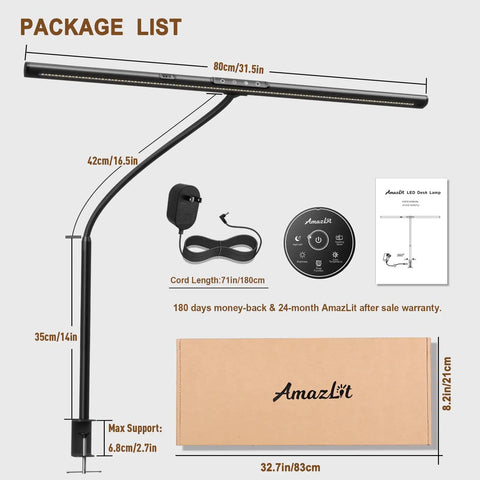 31.5 Inch Wide Gesture Sensor Desk Lamp package with accessories and dimensions displayed