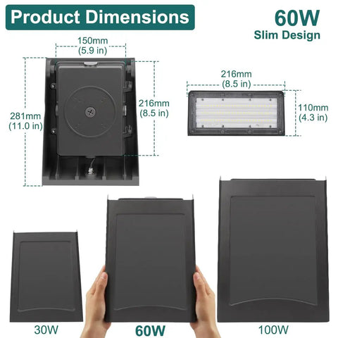 Diagram of 60W LED Wall Pack Light With Dusk To Dawn Photocell, showing dimensions and size comparison with 30W and 100W models.