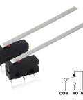 Two micro limit switches with long straight hinge lever arms. Diagram shows 3 pin button type, SPDT, 5A 125V 250V AC.