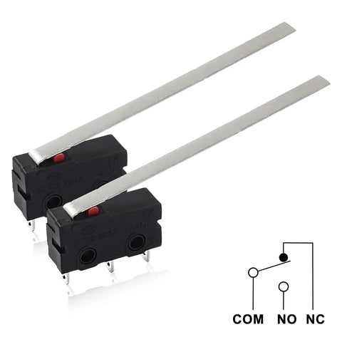 Two micro limit switches with long straight hinge lever arms. Diagram shows 3 pin button type, SPDT, 5A 125V 250V AC.