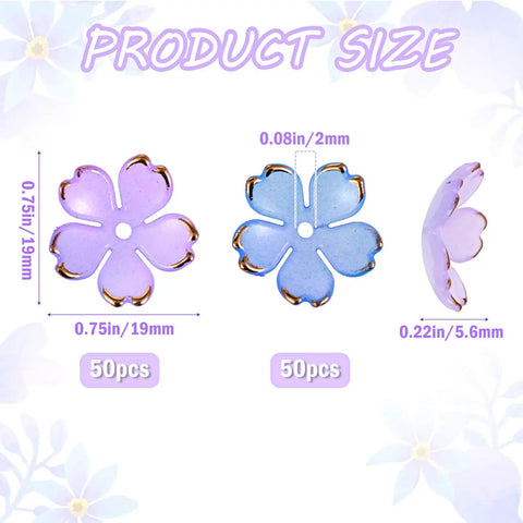 100 Pcs Cherry Blossom Acrylic Flower Beads For Jewelry Making And Bracelet Charms, size diagram in pink and blue gradient