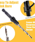 Wood Countersink Drill Bit Set With Quick Change Shank Nine Piece Kit Including Five Number Eight Countersink Bits Two Eleven Sixty Fourths Inch Tapered Drills Stop Collar And Hex Wrench Great For Pilot Holes In Wood close-up on adjustable piece