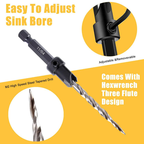 Wood Countersink Drill Bit Set With Quick Change Shank Nine Piece Kit Including Five Number Eight Countersink Bits Two Eleven Sixty Fourths Inch Tapered Drills Stop Collar And Hex Wrench Great For Pilot Holes In Wood close-up on adjustable piece