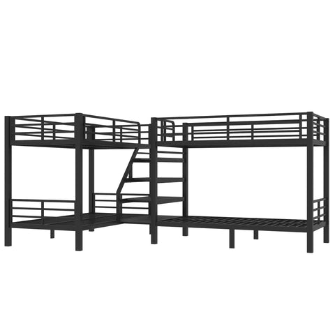 Twin L Shaped Metal Bunk Bed With Storage Shelves And Safety Guardrail Space Saving Black Finish shown empty against white background
