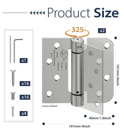 Tough As Nails 2 Pack 4 Inch Self Closing Door Hinges Square Shape With Rounded Edge Profiles And Full Stainless Mounting Kit detailed dimensions and included hardware