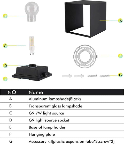 Four Pack Modern LED Wall Sconces Waterproof IP65 components including aluminum lampshade, G9 bulb, and accessory kit detailed view